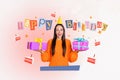 Magazine collage picture of excited funny lady getting birthday presents isolated drawing background