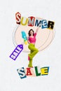 Magazine collage picture of funky cool lady shooting water gun summer shopping isolated drawing background