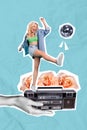 Magazine creative banner collage of youth lady hipster dance energetic tape recorder night club on floral background