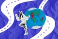 Magazine creative collage of funky young traveler woman wanderlust plasticine earth geotags road continents isolated