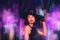 Magazine creative image collage of enchantress lady in dark mystic woods night smoke enjoying theme masquerade