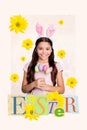 Magazine creative picture postcard collage of young kid girl rabbit character holding delicious easter sweets Royalty Free Stock Photo