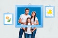 Magazine creative poster collage of three people happy family make photo hanging memory on wall decorated background