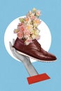 Magazine creative template collage of shop assistant hold new fabric shoes with garden bunch flower good smell concept