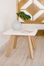 The magazine, a green monstera leaf in a blue vase, sits on a wooden-legged coffee table with a white top in the living room of