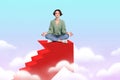 Magazine pop poster of lady sit lotus pose om arrow serene feelings forward winner strategy concept isolated sky