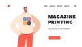 Magazine Printing Landing Page Template. Bearded Man in Hoodie with Basic Color Palette Emblem Stand with Hands on Hips