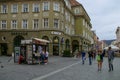 A magazine selling kiosk and the Coroana hotel behind it in Brasov.