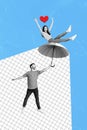 Magazine sketch collage image of carefree excited guy carrying lady open umbrella isolated blue color background