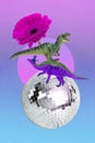 Magazine template collage o0f two prehistoric animals dinosaurs dancing on glitter disco ball occasion