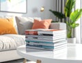 Magazines stack on white coffee table Royalty Free Stock Photo