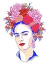 Magdalena Carmen Frida Kahlo portrait. Magdalena Carmen Frida Kahlo portrait with wreath. Royalty Free Stock Photo