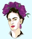 Magdalena Carmen Frida Kahlo portrait with wreath from peonies Royalty Free Stock Photo