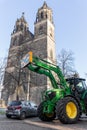 Magdeburg, Germany - 8.01.2024: Farmers union protest strike against government Policy. Tractors vehicles blocks city