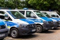 Magdeburg, Germany - June 6th, Row of many german police Mercedes and VW van cars parked at police station parking on