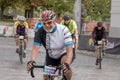 Magdeburg, Germany - 15 September 2019: Road bicycle racing. Cyclist senior is near the finish line, the end of bicycle racing.