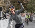 Magdeburg, Germany - 15 September 2019: Road bicycle racing 100 km. Cyclist pensioner is near the finish line. Seniors are staying