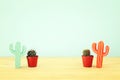 mage of cactus in a pot infront of wooden blue background. Royalty Free Stock Photo