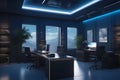 mage displays a fusion of blue and dark-toned decoration within a futuristic office