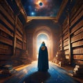 A mage wearing a long black cape is standing in a magical library, surrounded by shelves of books Royalty Free Stock Photo