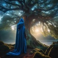 A mage wearing a long, dark cloak is standing in an enchanted forest at sunset