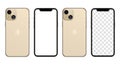 MAGELANG, INDONESIA - OCTOBER 5, 2021: New iPhone 13 Gold color by Apple Inc. Screen iphone and back side iphone. Vector