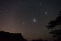 Magellanic Clouds astro starry sky, Namibian night, Africa. Acacia trees in the foreground. Adventure into the wild. Royalty Free Stock Photo