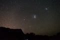 Magellanic Clouds astro starry sky, Namibian night, Africa. Acacia trees in the foreground. Adventure into the wild. Royalty Free Stock Photo