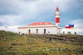 The Magellanic penguins with the Lighthouse of Magdalena Island background