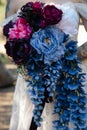magenta, blue and pink peonis with wisteria - close up of bridal florals Royalty Free Stock Photo
