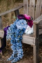 magenta, blue and pink peonis with wisteria - close up of bridal florals Royalty Free Stock Photo