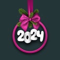 Magenta Christmas ball with satin bow and green fir twigs with white paper 2024 lettering