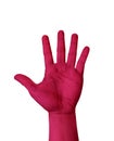 Magenta color hand show five finger isolated on white background