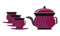 Magenta color, pottery shape tea set, vector graphic design