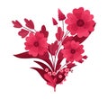 Magenta Floral Arrangement. Blooming Red and Pink meadow composition - flowers, leaves and hearts