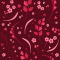 Magenta Floral Seamless Pattern. Blooming Flowers, Red and Pink Leaves and Hearts. Vector Digital Wallpaper.