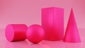 Magenta geometric shapes sphere, cylinder, prism, parallelepiped on a pink background. 3D rendering