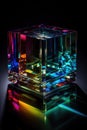A magenta glass cube sits on a black table, made of transparent material Royalty Free Stock Photo