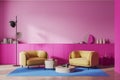 Magenta home living room interior with armchairs and decoration, mockup wall Royalty Free Stock Photo