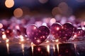 Magenta palette, pink red hearts, sparkling bokeh Valentines day panoramic