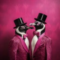 Magenta Penguin Couple: Artistic Reportage Of Taxidermy Dada Wall Art