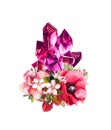 Magenta, pink amethyst gem stone, crystal in pink flowers. Watercolor for tattoo or card