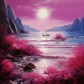 Magenta Pre-raphaelite Seascape Abstract Painting