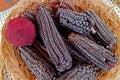 Magenta Purple Peruvian Alpaca Wool Yarn Balls Dyed from Purple Corn at Chinchero, the Andes Village in Cuzco Region of Peru Royalty Free Stock Photo