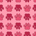 Magenta seamless pattern with animal paw prints. Footprints. Vector