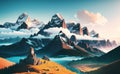 Magestic Snowy Mountains Fantasy Magical Illustration for web banners social media. Generative AI