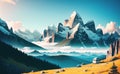 Magestic Snowy Mountains Fantasy Magical Illustration for childrens books. Generative AI