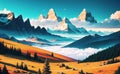 Magestic Snowy Mountains Fantasy Magical Illustration for children book. Generative AI
