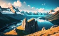 Magestic Snowy Mountains Fantasy Magical Illustration for web banners social media. Generative AI