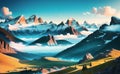 Magestic Snowy Mountains Fantasy Magical Illustration for childrens books. Generative AI